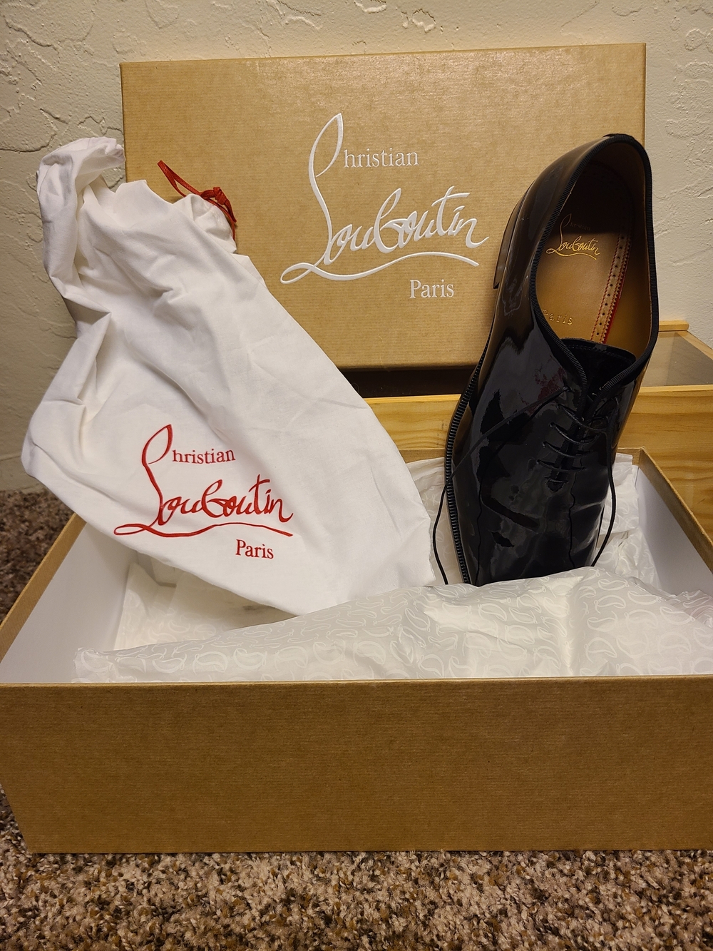 Christian Louboutin Men's Black Patent Leather Lace-Up Oxfords